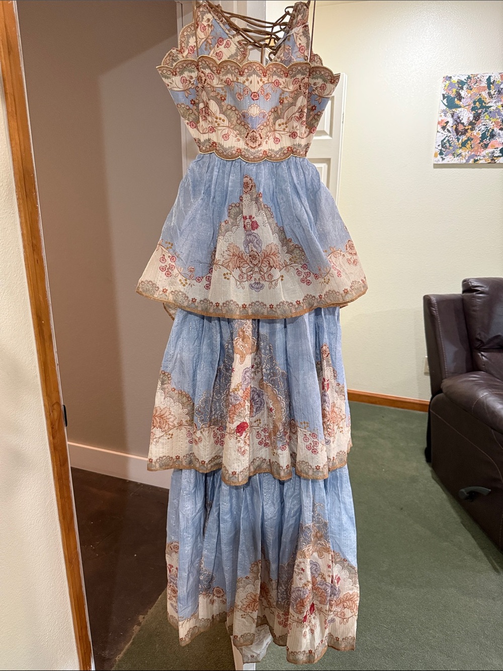 Zimmermann Powder Blue Tiered Floral Maxi Dress with Cream & Blush Accents